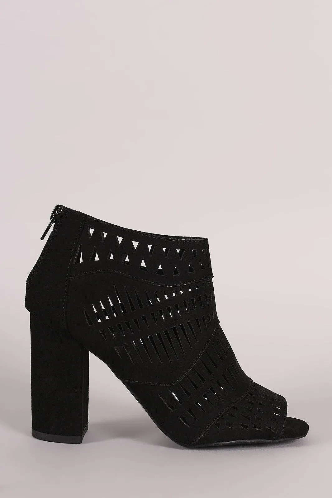 Qupid Suede Geo Cutout Patchwork Chunky Heeled Booties