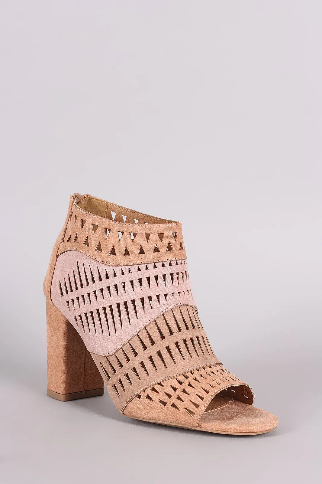 Qupid Suede Geo Cutout Patchwork Chunky Heeled Booties