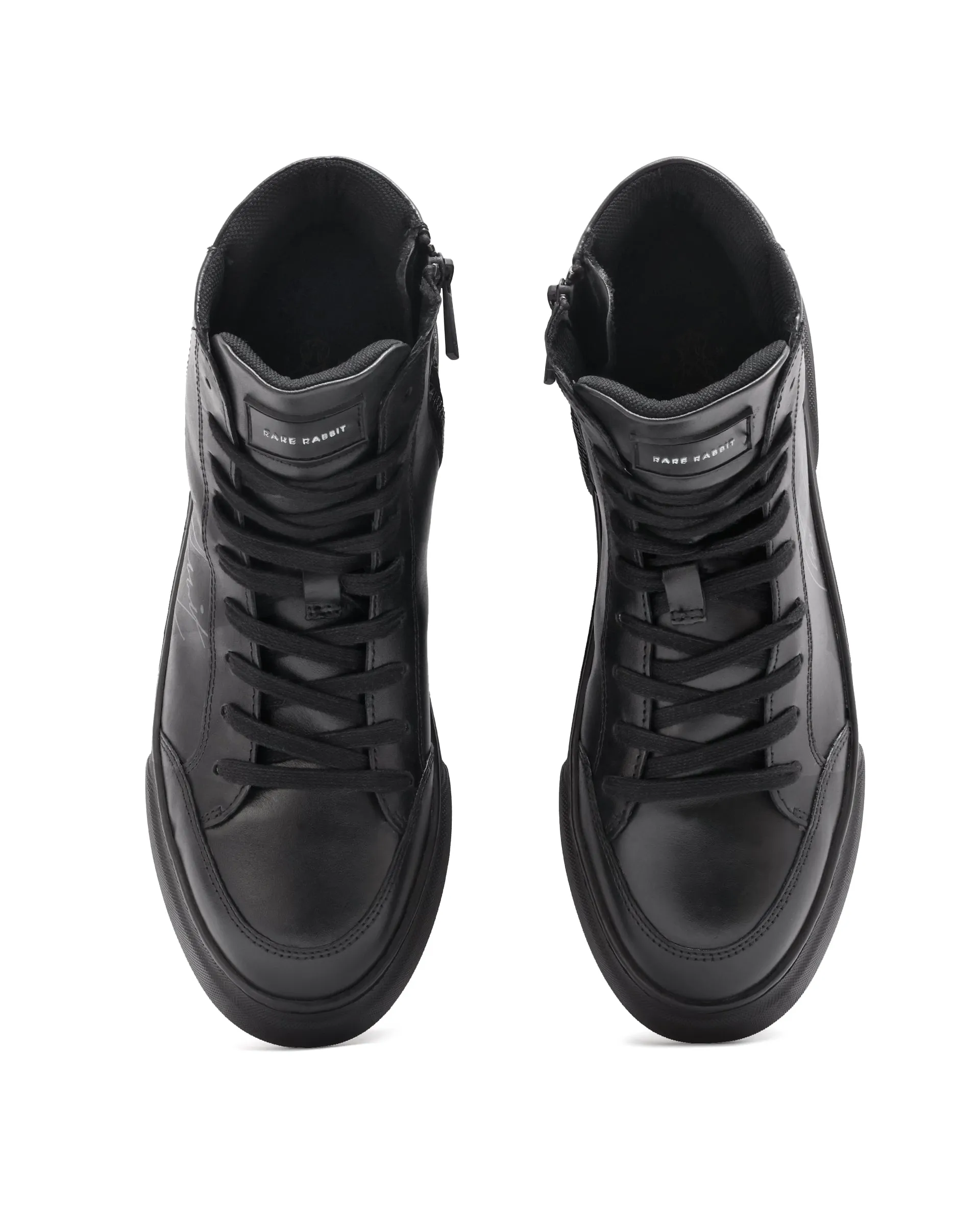 Rare Rabbit Men's Panzer Black Leather Round Toe Derby Style Zip Closure High Top Sneaker Shoes