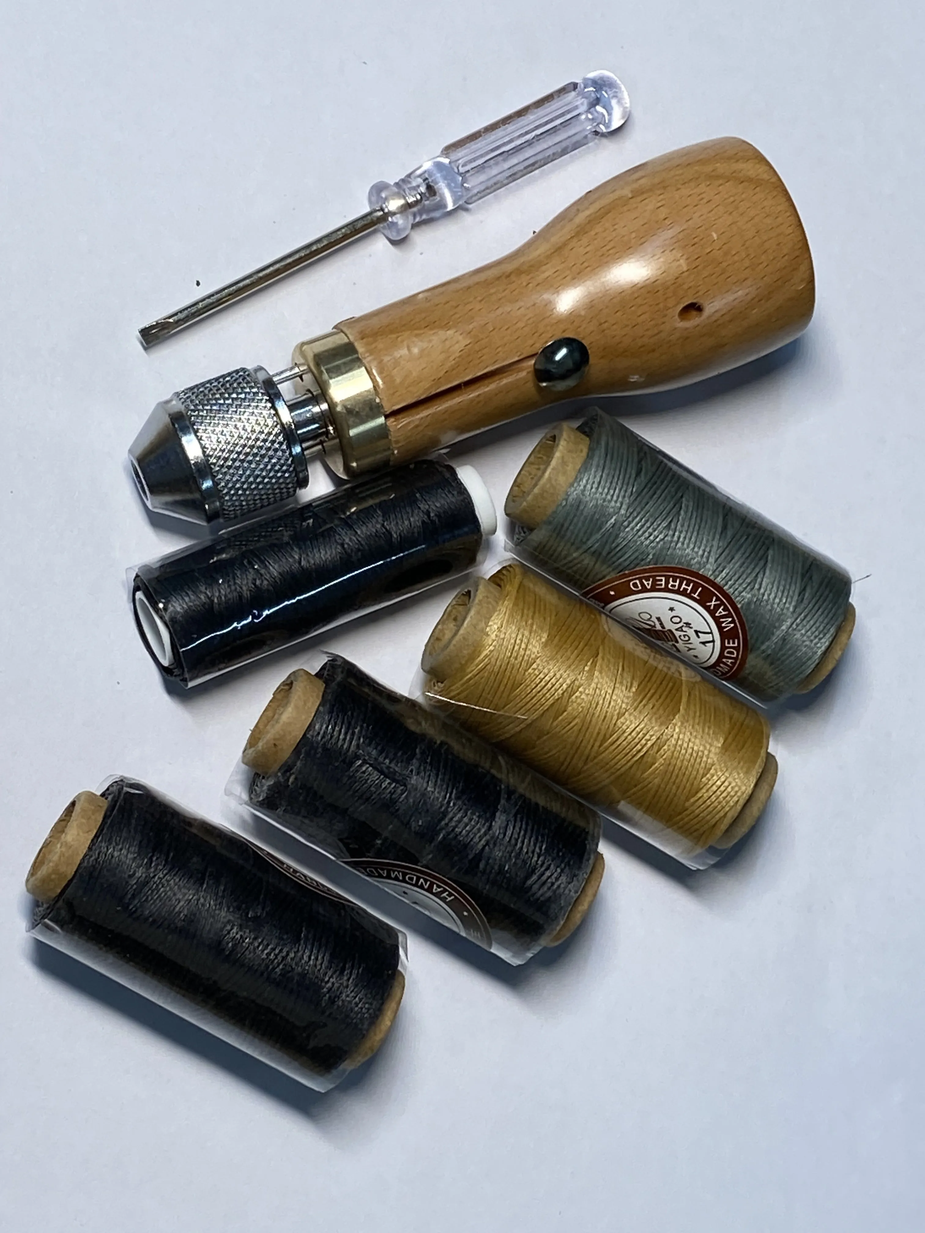 RECON GS2 Sew Awl with Handmade Wooden Handle value set includes 4 Rolls of Waxed Cotton