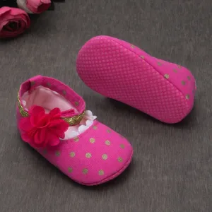 Round Toed Polka Print Flower Detail Soft Booties-Fuschia Pink