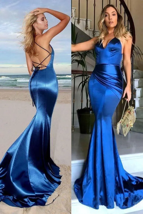 Royal Blue Satin Backless Long Mermaid Prom/Formal Dresses PG769