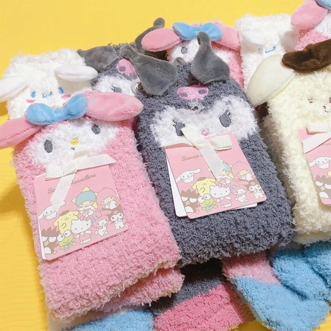 Sanrio My Melody Kuromi Cinnamoroll Pompompurin Embroidery Fluffy Soft Warm Home Sock Winter Accessories