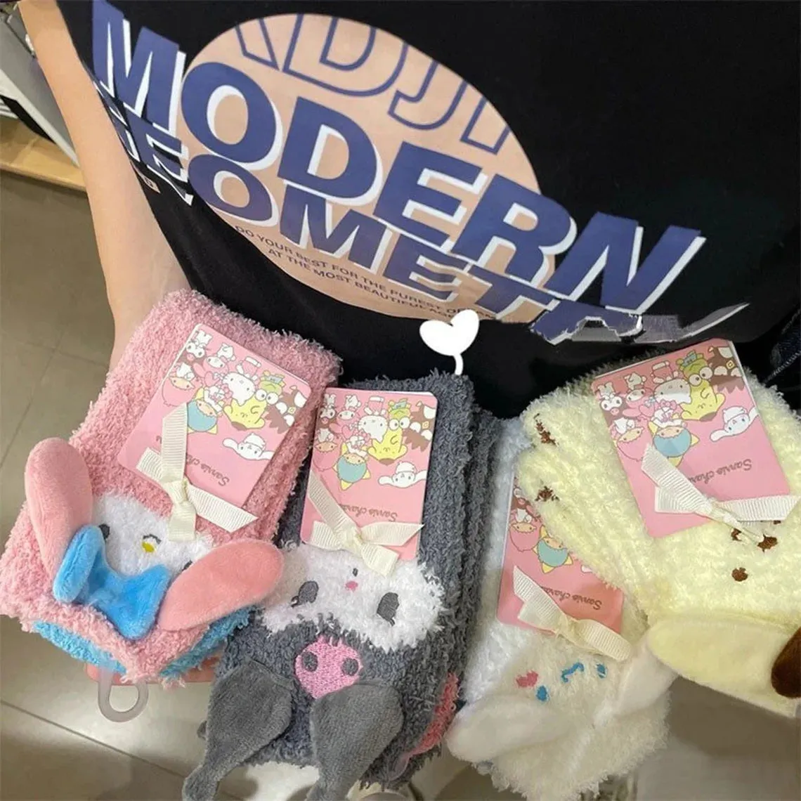 Sanrio My Melody Kuromi Cinnamoroll Pompompurin Embroidery Fluffy Soft Warm Home Sock Winter Accessories