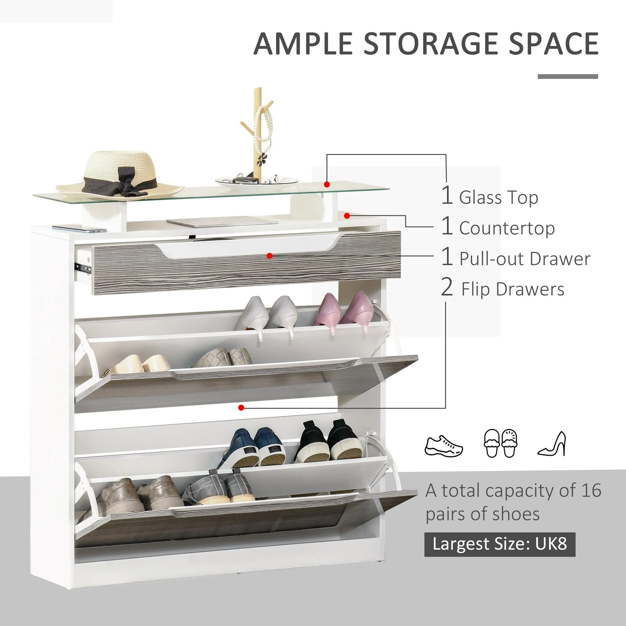 Shoe Cabinet with 3 Drawers Storage Cupboard Tipping Bucket with Flip Door Glass Top Adjustable Shelf Large-Capacity for 14 Pairs Grey w/