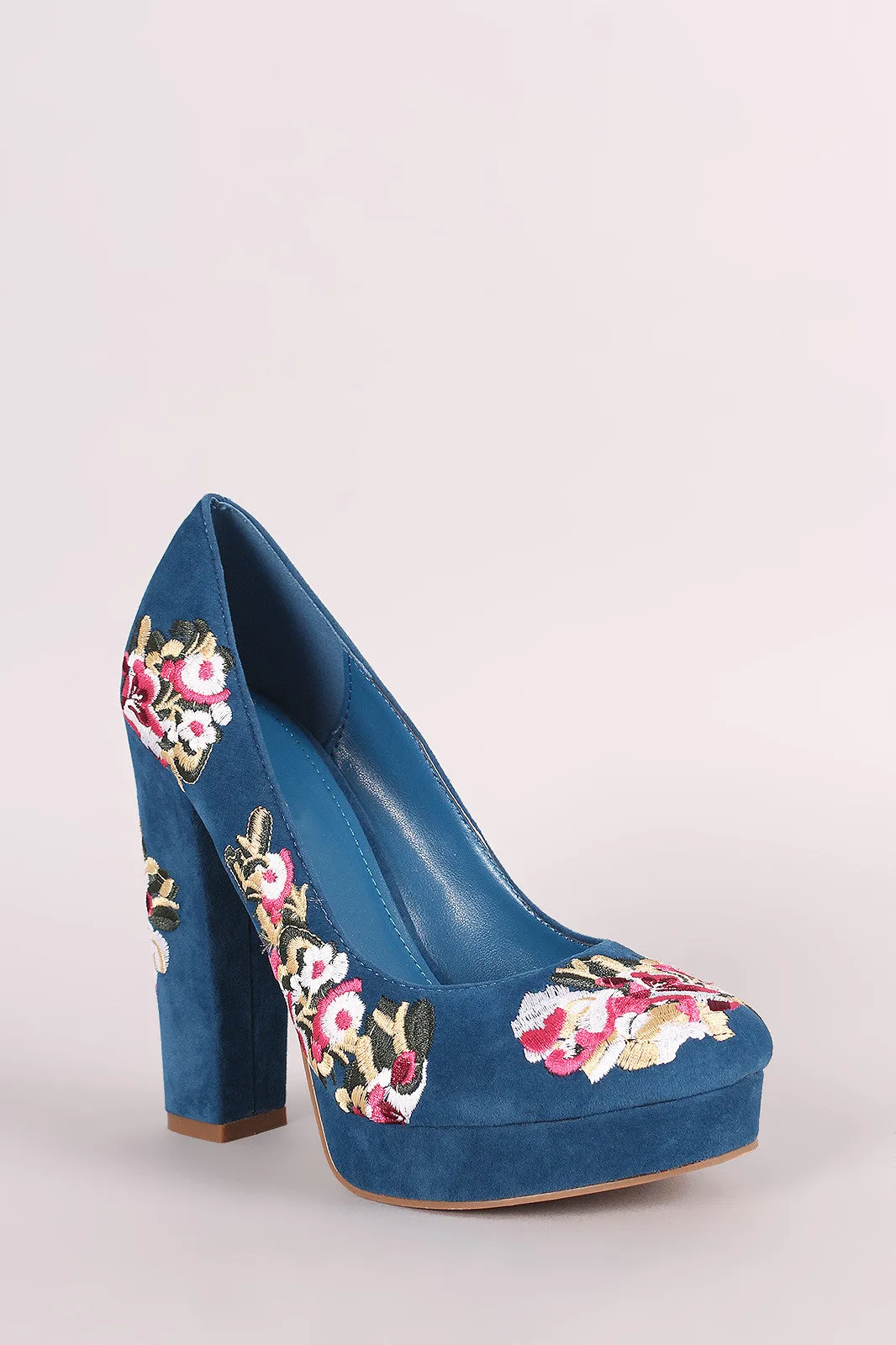 Shoe Republic LA Embroidered Floral Round Toe Platform Pump