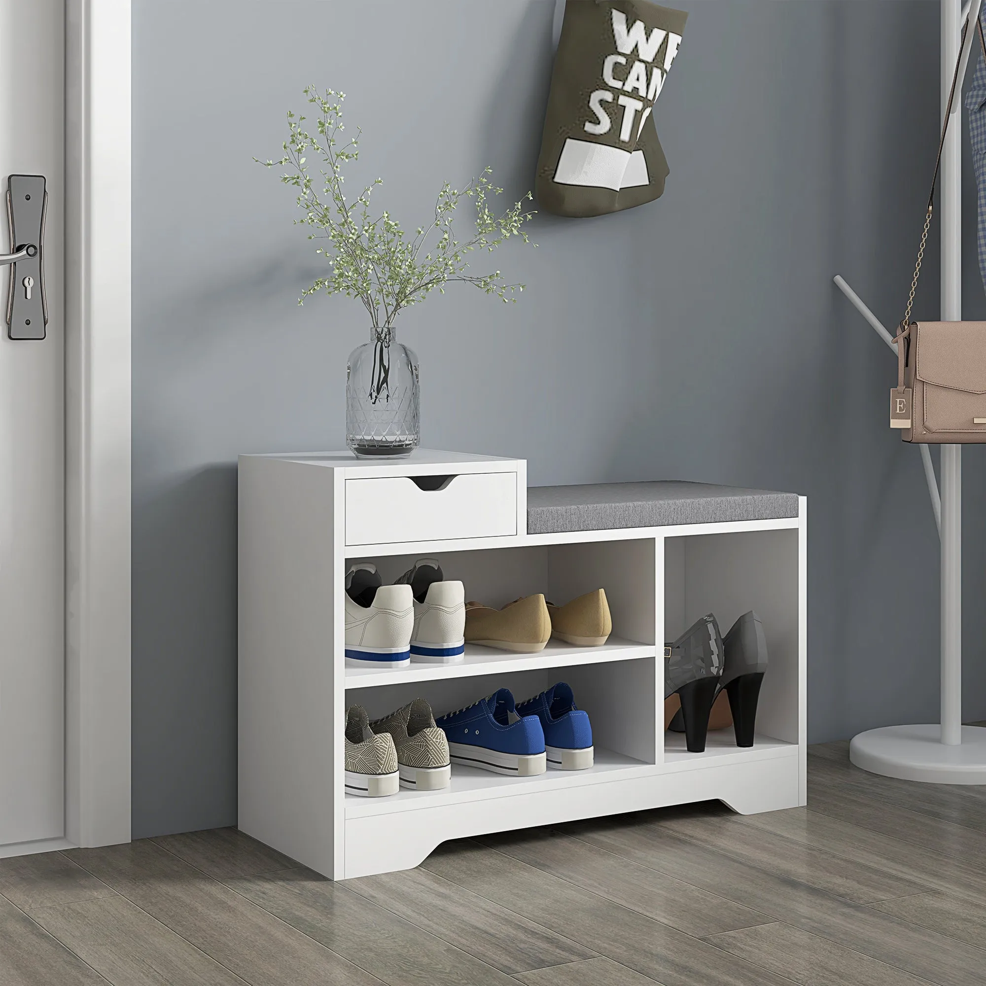 Shoe Storage with Seat, Upholstered Entryway Bench, Shoe Bench with Drawer and 3 Open Shelves for Hallway