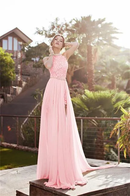 Sleeveless High Neck Backless Chiffon Prom Dresses Evening Dresses PG411