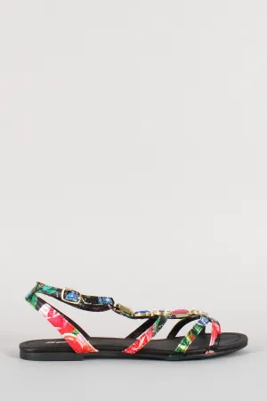 Soda Floral Jeweled Strappy Open Toe Flat Sandal