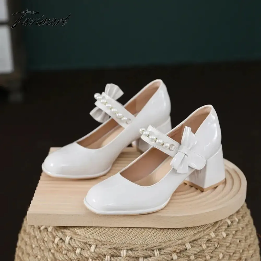 Tavimart Ladies Lolita Sweet Fashion Shoes Retro Pumps Casual Summer Marry Janes Round Toe Shoes Woman Bow Pearls Design