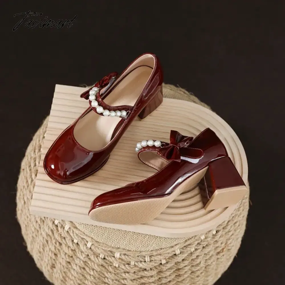 Tavimart Ladies Lolita Sweet Fashion Shoes Retro Pumps Casual Summer Marry Janes Round Toe Shoes Woman Bow Pearls Design