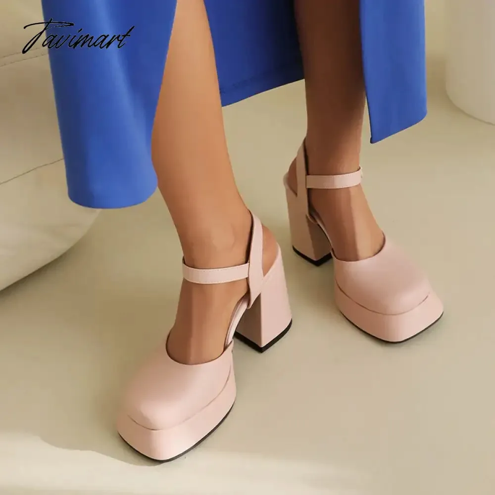 TAVIMART  -  Square Flat Toe Cap Super High Thick Heel Side Hollowed Ankle Buckle High Heels Close Toe Shallow Summer Women's Sandals