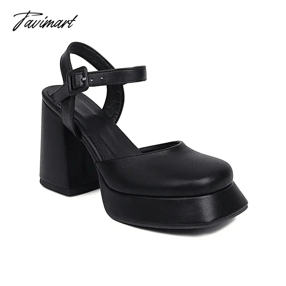 TAVIMART  -  Square Flat Toe Cap Super High Thick Heel Side Hollowed Ankle Buckle High Heels Close Toe Shallow Summer Women's Sandals