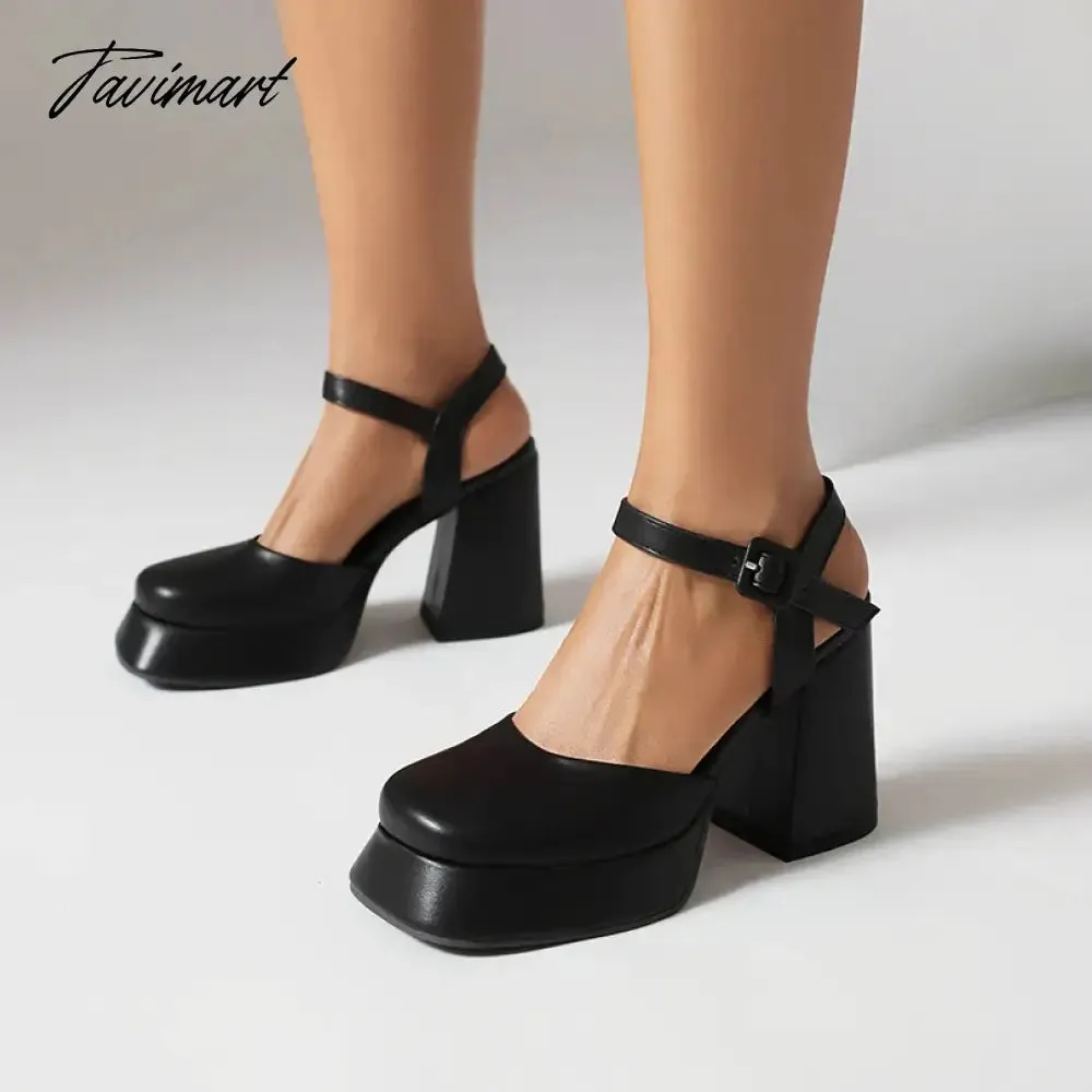 TAVIMART  -  Square Flat Toe Cap Super High Thick Heel Side Hollowed Ankle Buckle High Heels Close Toe Shallow Summer Women's Sandals