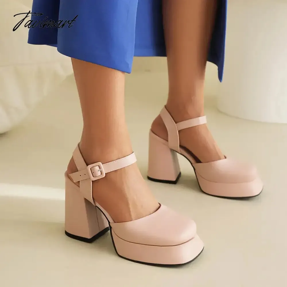 TAVIMART  -  Square Flat Toe Cap Super High Thick Heel Side Hollowed Ankle Buckle High Heels Close Toe Shallow Summer Women's Sandals