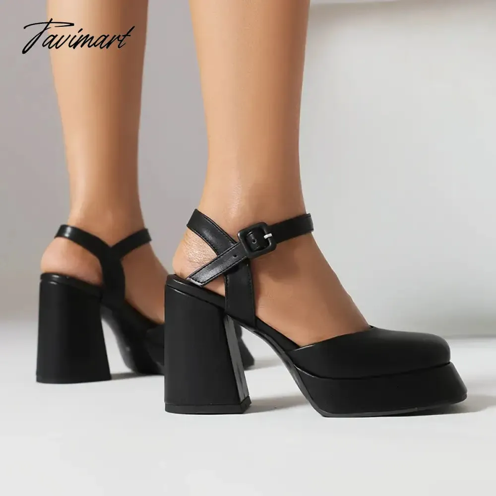 TAVIMART  -  Square Flat Toe Cap Super High Thick Heel Side Hollowed Ankle Buckle High Heels Close Toe Shallow Summer Women's Sandals