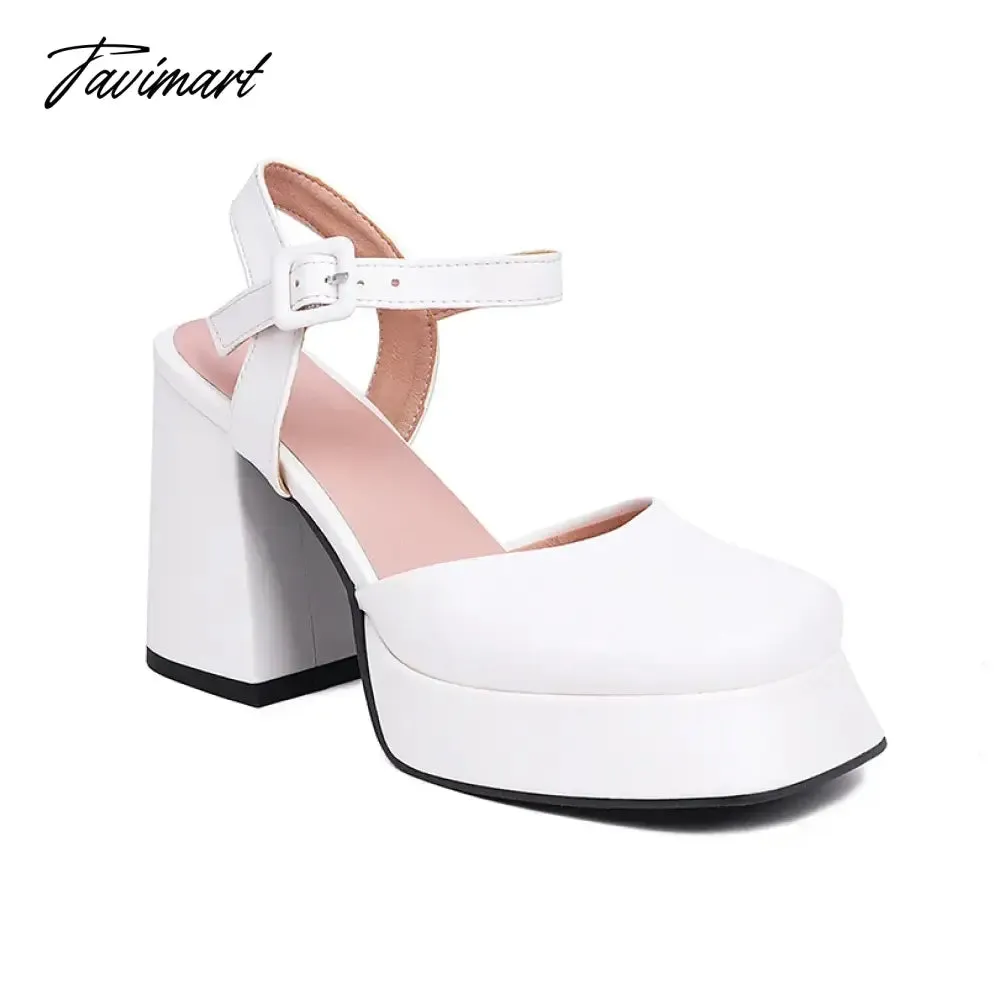 TAVIMART  -  Square Flat Toe Cap Super High Thick Heel Side Hollowed Ankle Buckle High Heels Close Toe Shallow Summer Women's Sandals