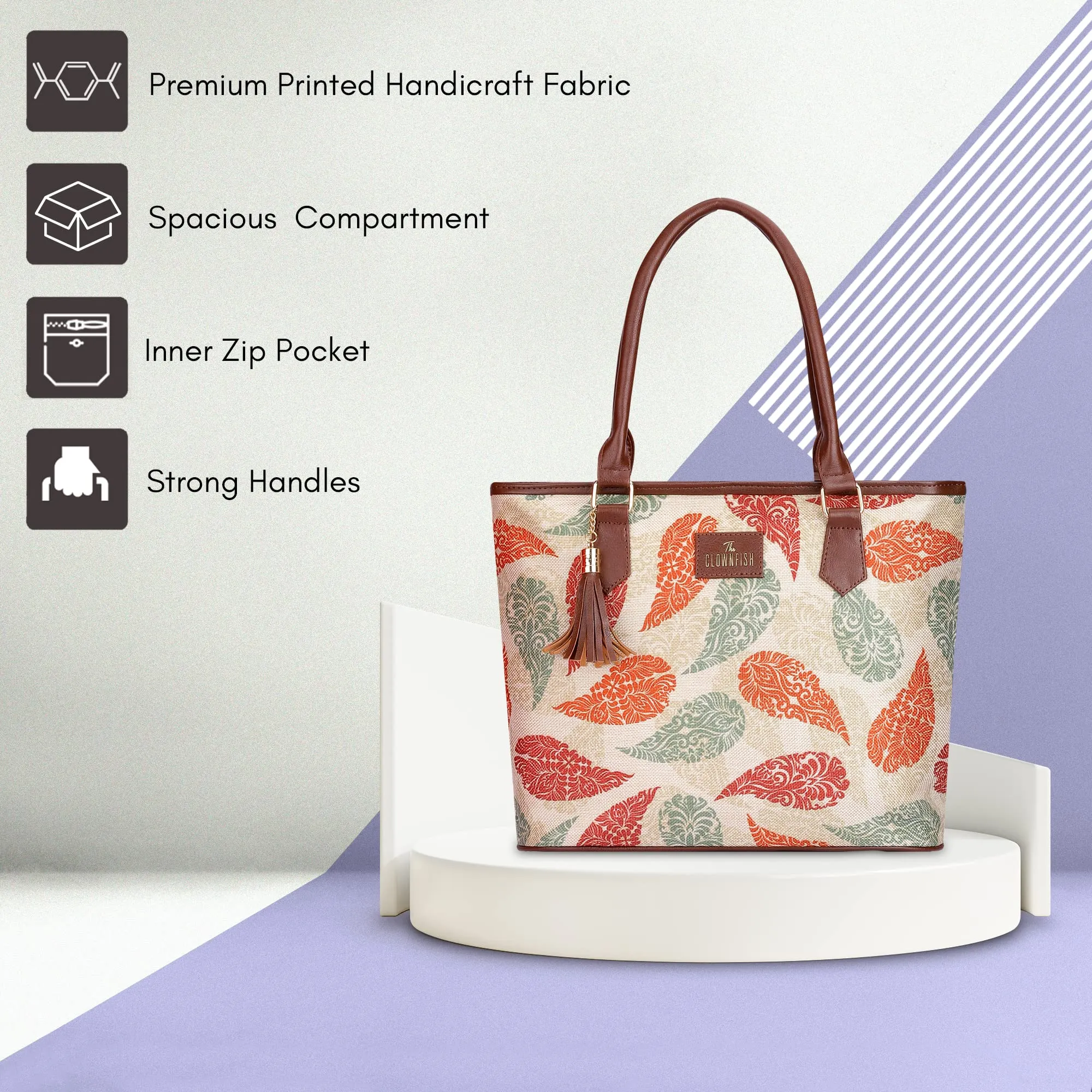 THE CLOWNFISH Aviva Printed Handicraft Fabric Handbag for Women Office Bag Ladies Shoulder Bag Tote for Women College Girls (Cream)