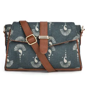 THE CLOWNFISH Odelina Series Printed Handicraft Fabric Sling Bag Handbag for Women Crossbody Bag Office Bag Ladies Single Shoulder Bag with Snap Flap Closure & Shoulder Belt For Women (Slate Grey)