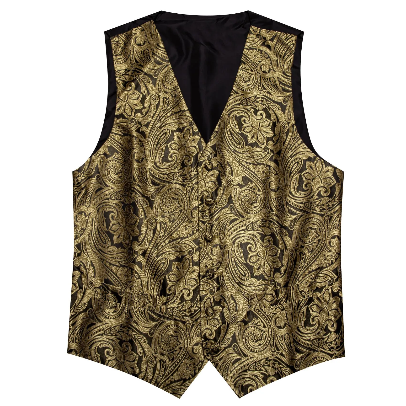 Ties2you Dress Vest Black Golden Floral Silk Button Mens Vest Tie Set for Formal