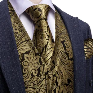 Ties2you Dress Vest Black Golden Floral Silk Button Mens Vest Tie Set for Formal