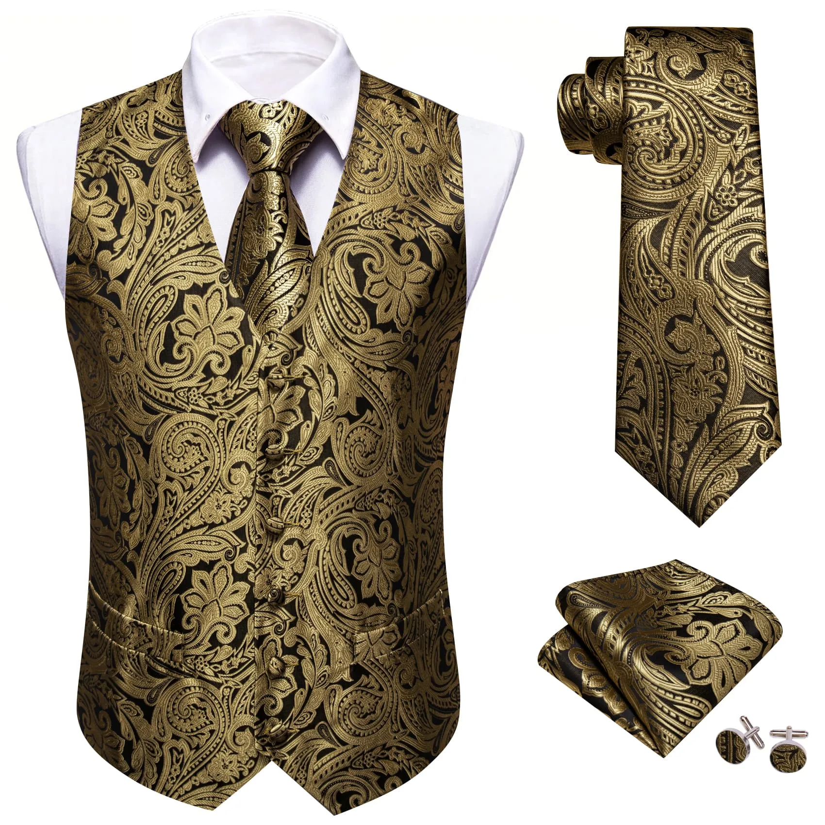 Ties2you Dress Vest Black Golden Floral Silk Button Mens Vest Tie Set for Formal