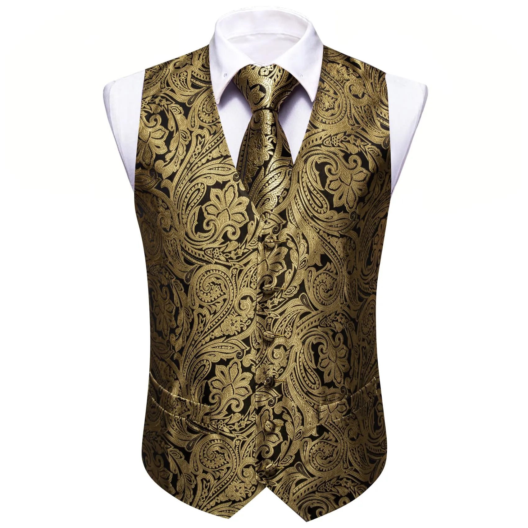 Ties2you Dress Vest Black Golden Floral Silk Button Mens Vest Tie Set for Formal