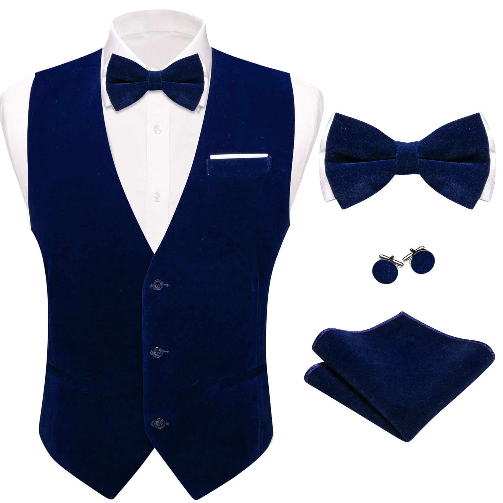 Ties2you Dress Vest Dark Blue Solid V-Neck Mens Waistcoat Suede Leather Vest Bow Tie Set