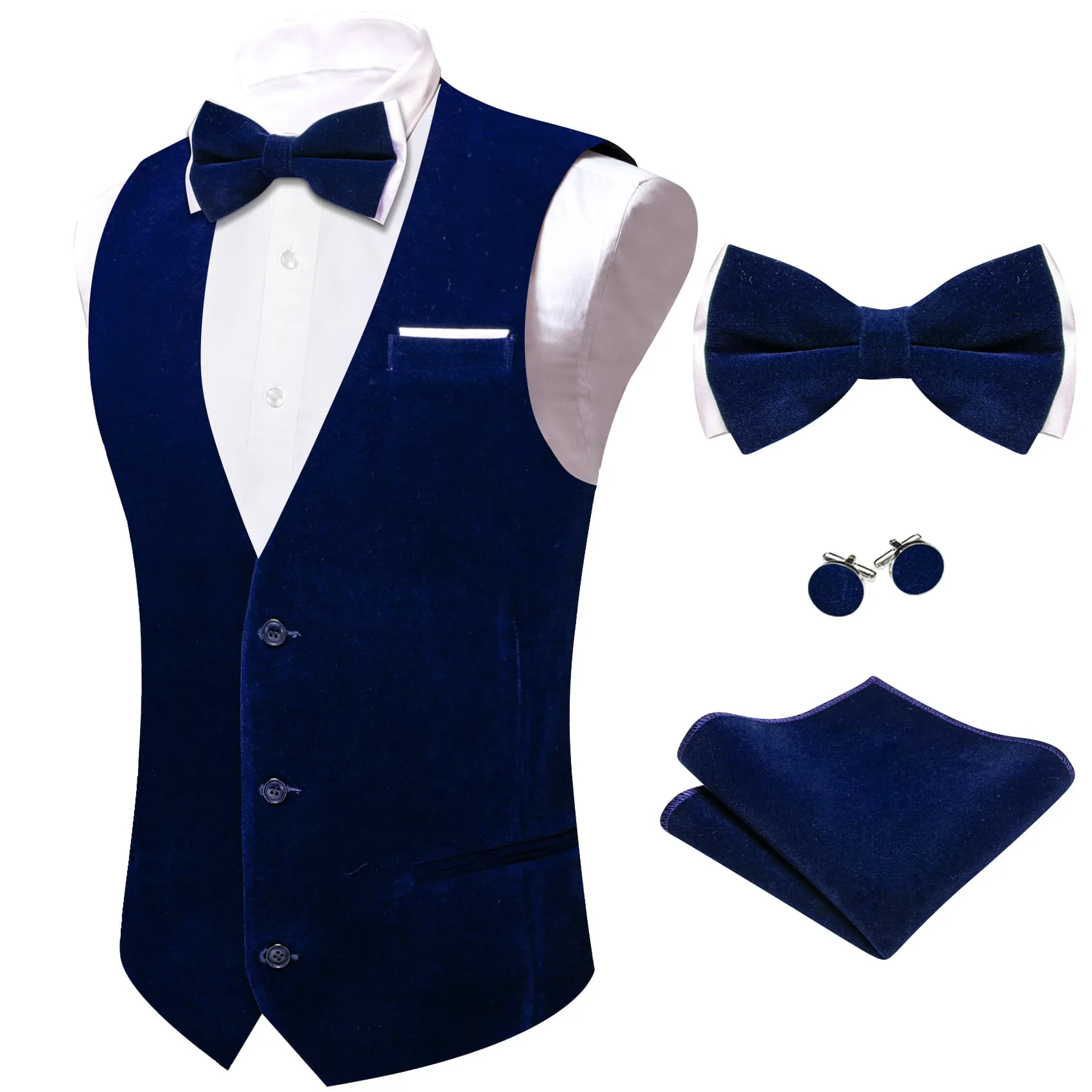 Ties2you Dress Vest Dark Blue Solid V-Neck Mens Waistcoat Suede Leather Vest Bow Tie Set