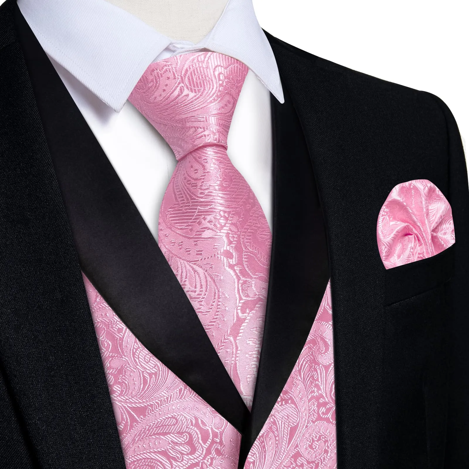 Ties2you Dress Vest Light Pink Floral Shawl Collar Silk Mens Waistcoat Tie Set