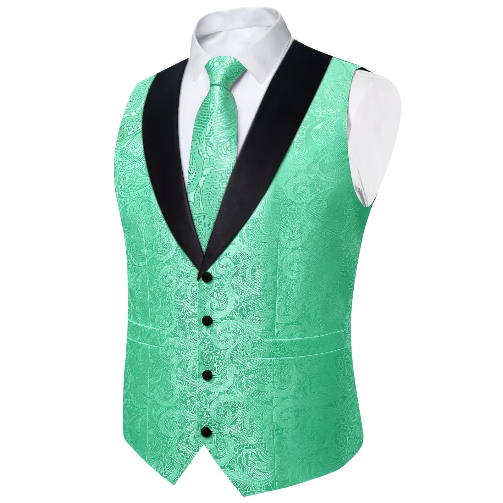 Ties2you Dress Vest Mint Green Floral Shawl Collar Silk Mens Waistcoat Tie Set