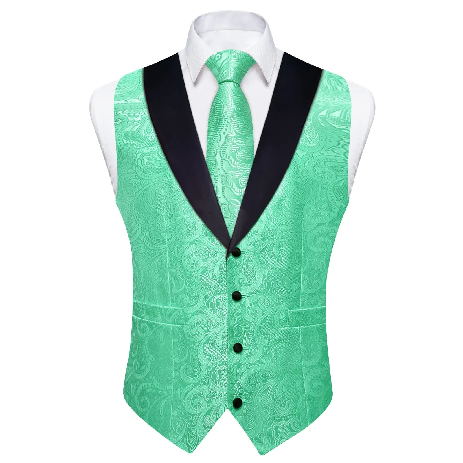 Ties2you Dress Vest Mint Green Floral Shawl Collar Silk Mens Waistcoat Tie Set