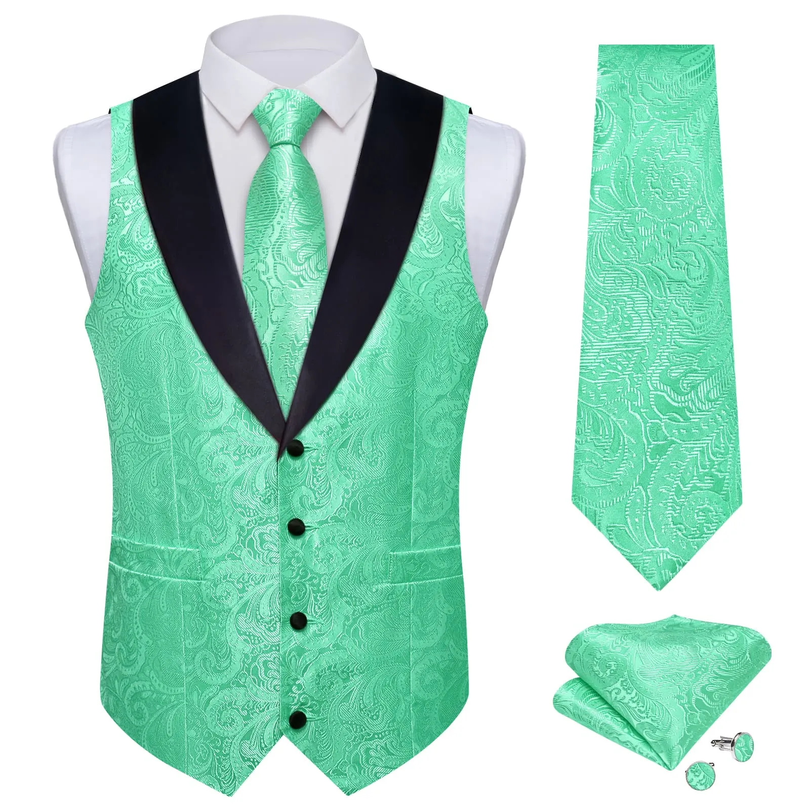 Ties2you Dress Vest Mint Green Floral Shawl Collar Silk Mens Waistcoat Tie Set