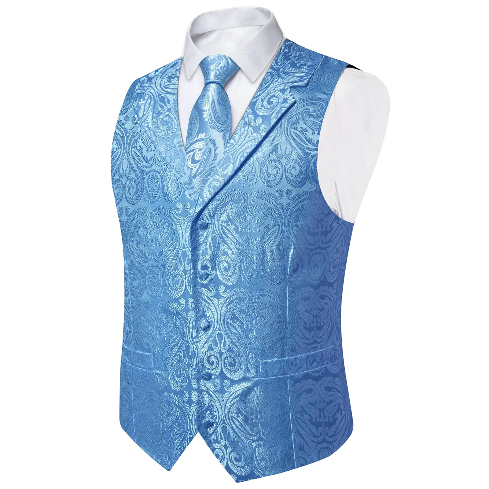 Ties2you Dress Vest Sky Blue Paisley Notched Collar Silk Mens Work Vest Tie Set