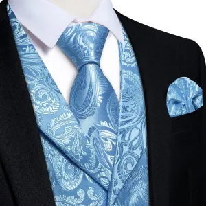 Ties2you Dress Vest Sky Blue Paisley Notched Collar Silk Mens Work Vest Tie Set