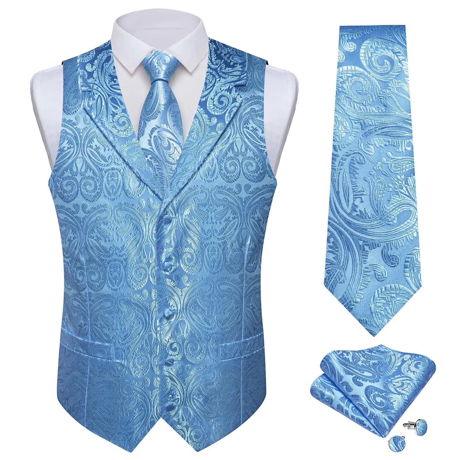 Ties2you Dress Vest Sky Blue Paisley Notched Collar Silk Mens Work Vest Tie Set