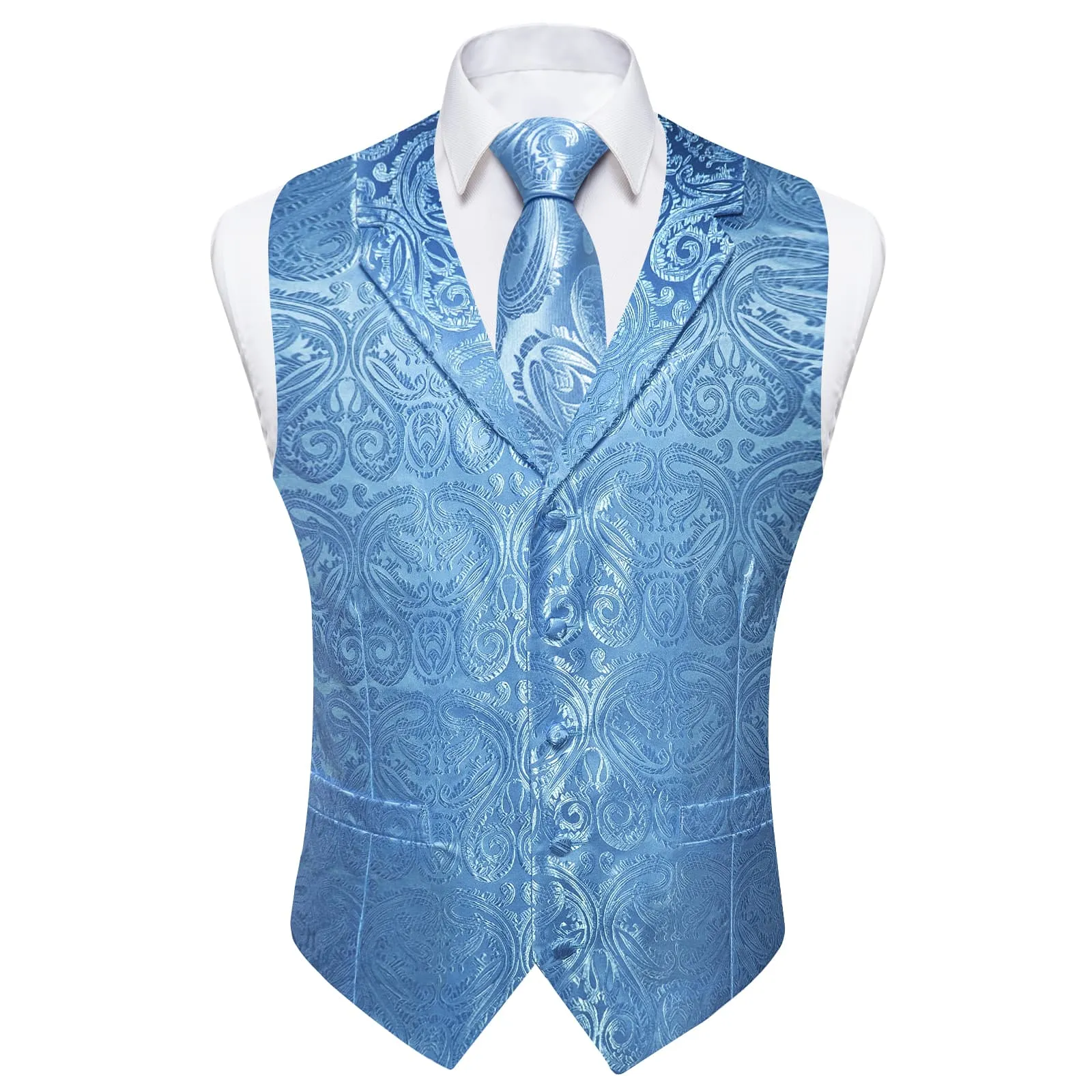 Ties2you Dress Vest Sky Blue Paisley Notched Collar Silk Mens Work Vest Tie Set