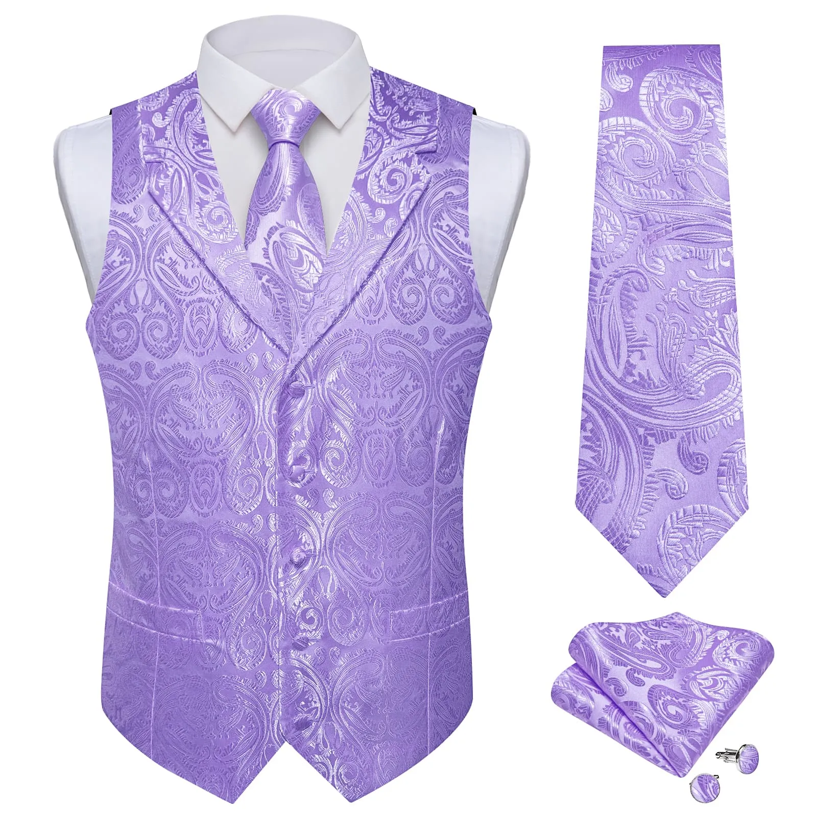 Ties2you Dress Vest Wisteria Purple Paisley Notched Collar Silk Mens Work Vest Tie Set