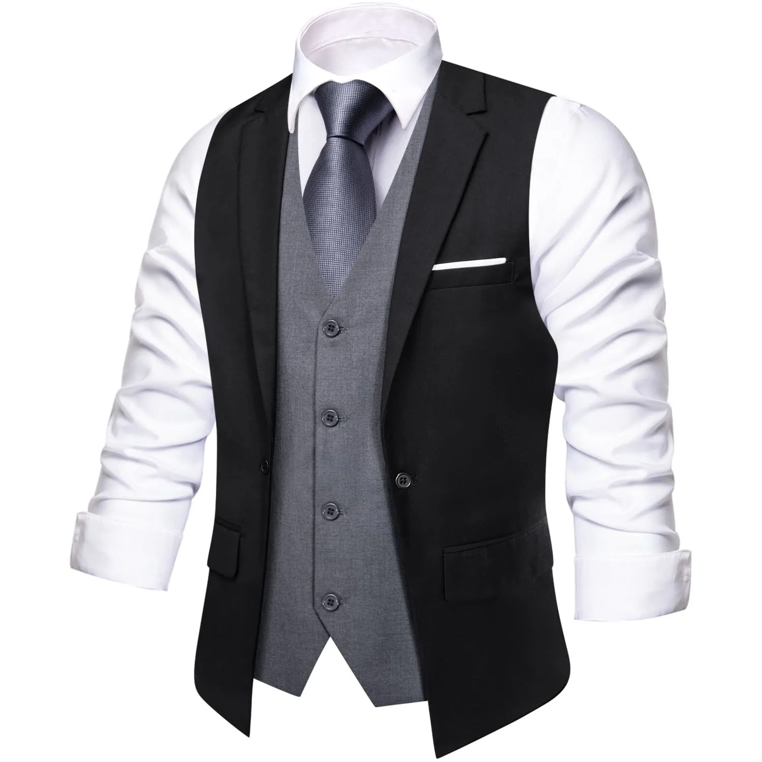 Ties2you Layered Waistcoat Black Grey Splicing Collar Vest Dress Suit Vest