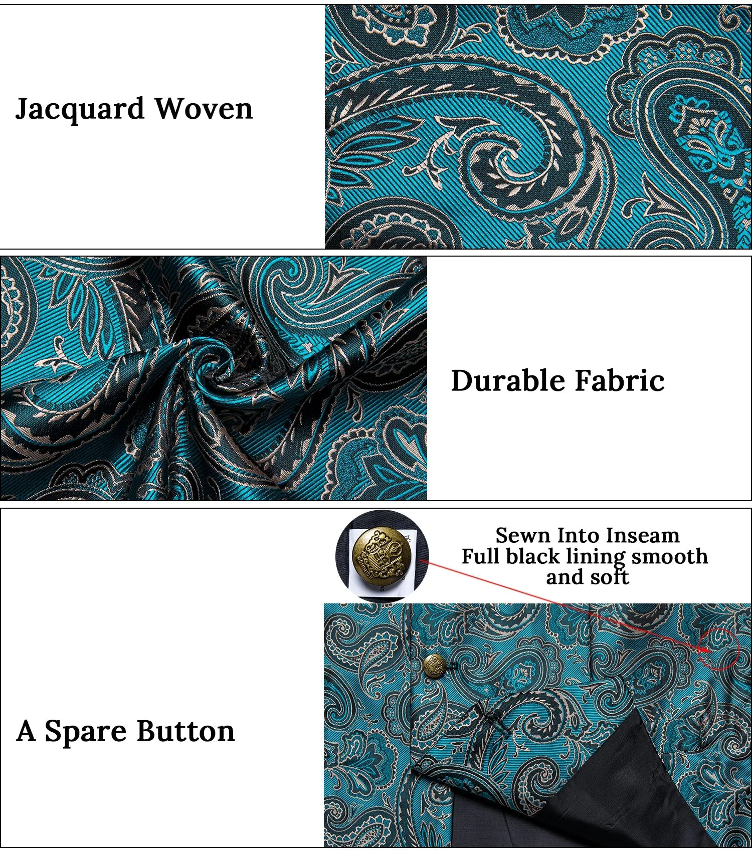 Ties2you Mens Casual Vest Teal Black Paisley Collar Vest Tie Hanky Cufflinks Set