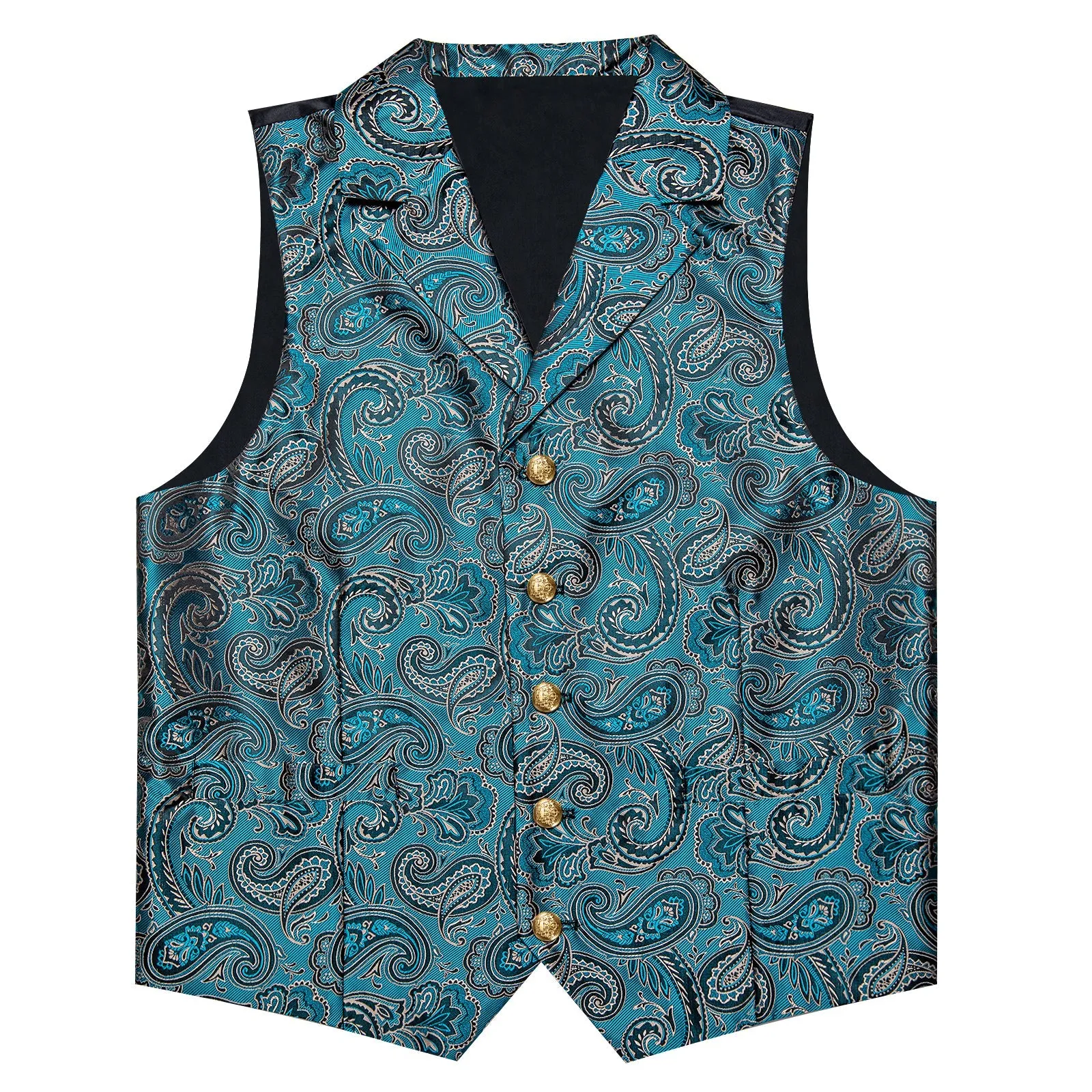 Ties2you Mens Casual Vest Teal Black Paisley Collar Vest Tie Hanky Cufflinks Set