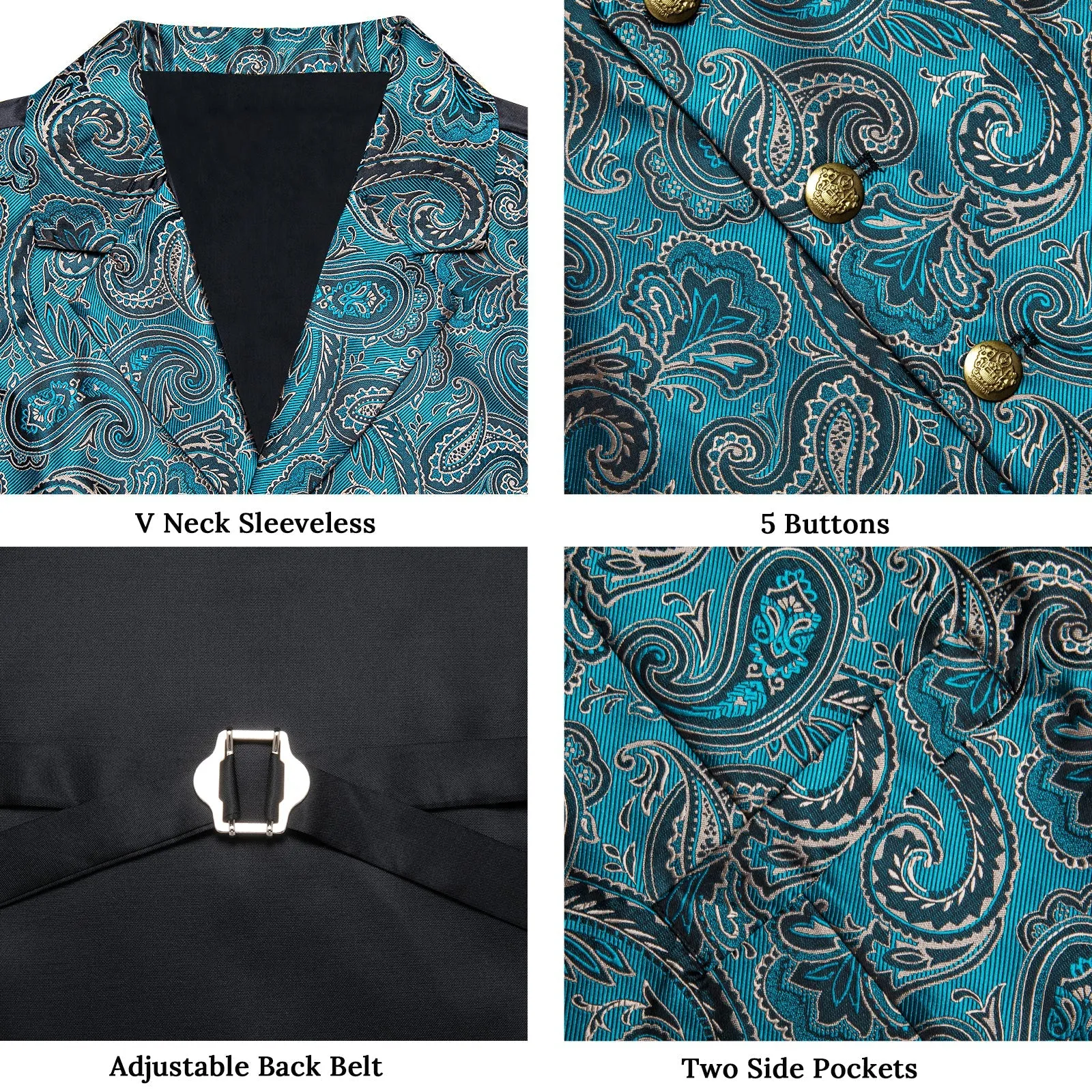 Ties2you Mens Casual Vest Teal Black Paisley Collar Vest Tie Hanky Cufflinks Set