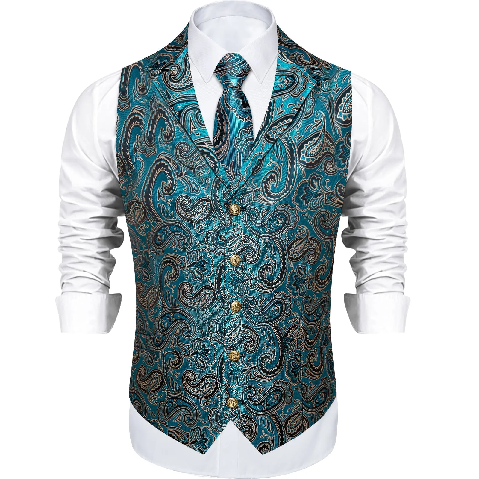 Ties2you Mens Casual Vest Teal Black Paisley Collar Vest Tie Hanky Cufflinks Set