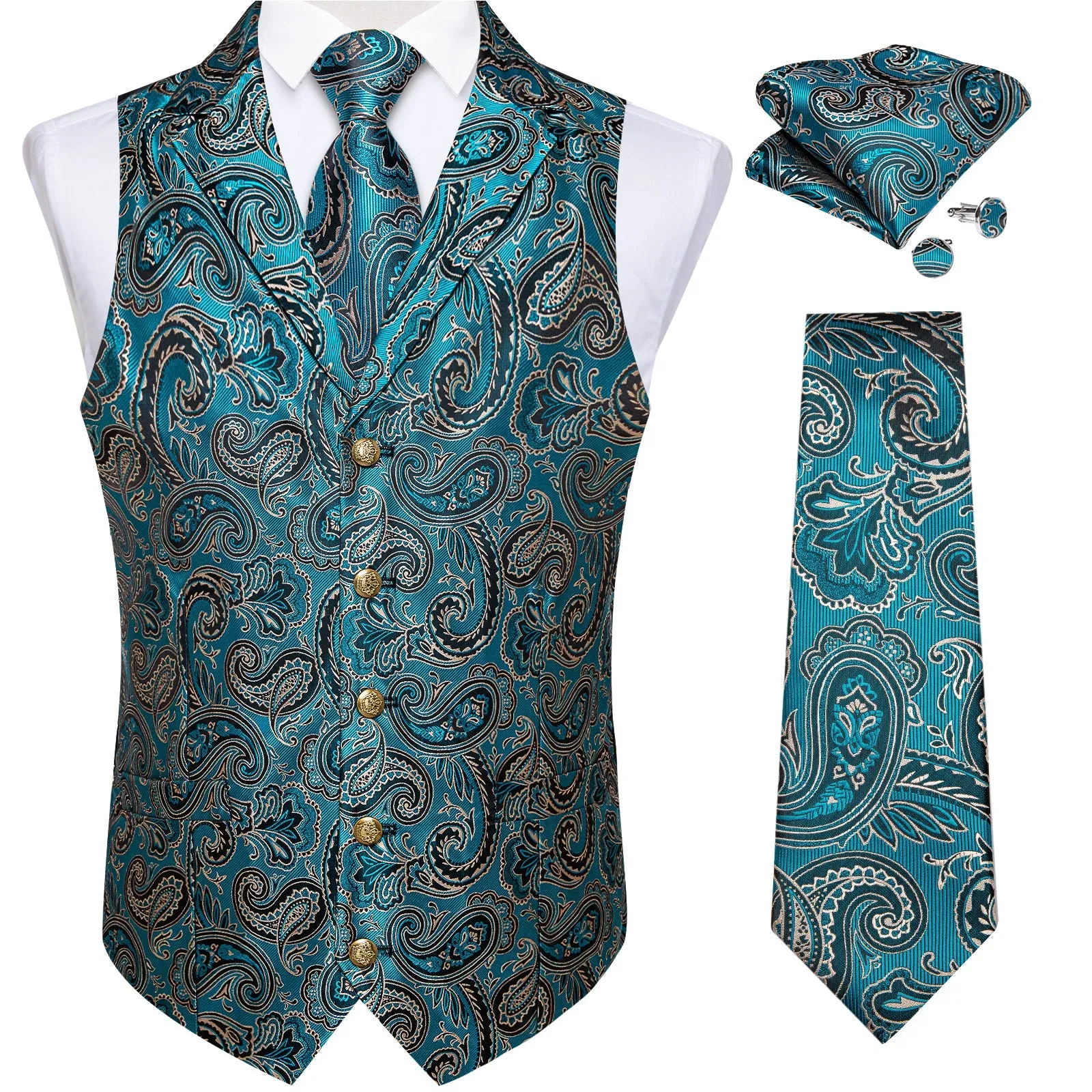 Ties2you Mens Casual Vest Teal Black Paisley Collar Vest Tie Hanky Cufflinks Set