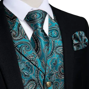 Ties2you Mens Casual Vest Teal Black Paisley Collar Vest Tie Hanky Cufflinks Set