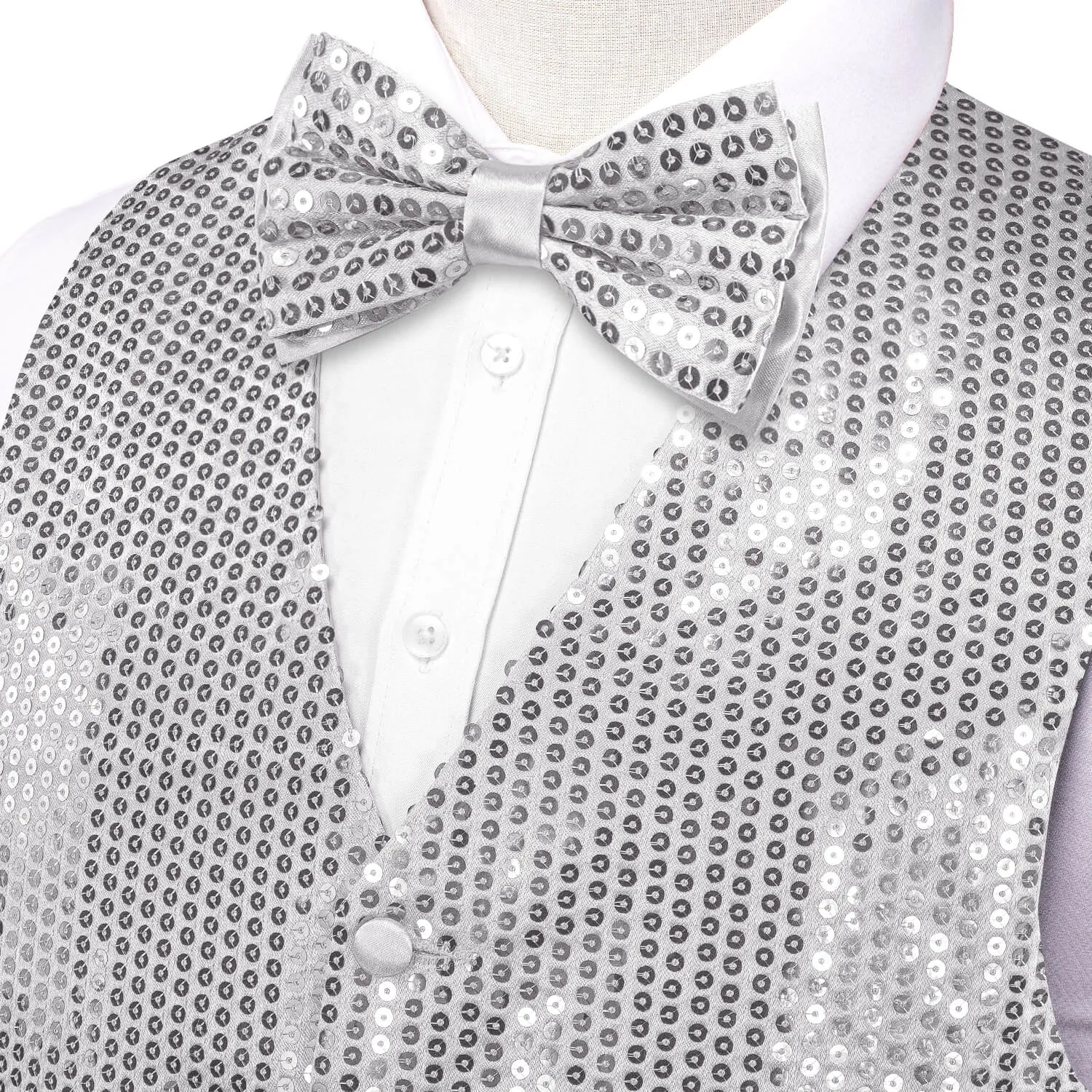 Ties2you Men's Vest Light Gray Sequins Vest Bow Tie Set for Party