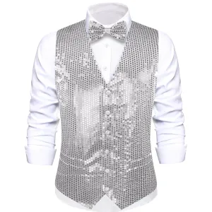 Ties2you Men's Vest Light Gray Sequins Vest Bow Tie Set for Party