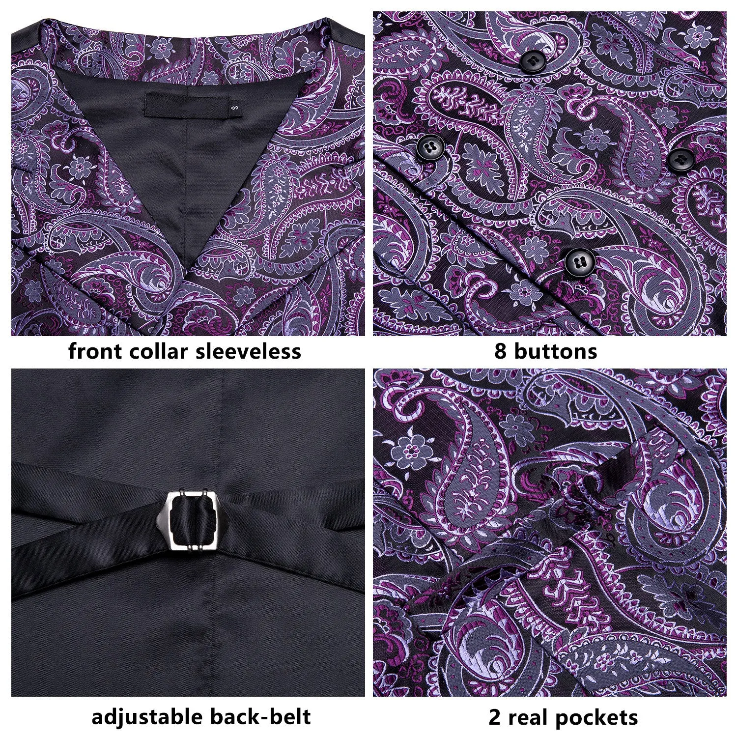 Ties2you Men's Vest Purple Paisley Jacquard Silk Vest Hanky Cufflinks Tie Set