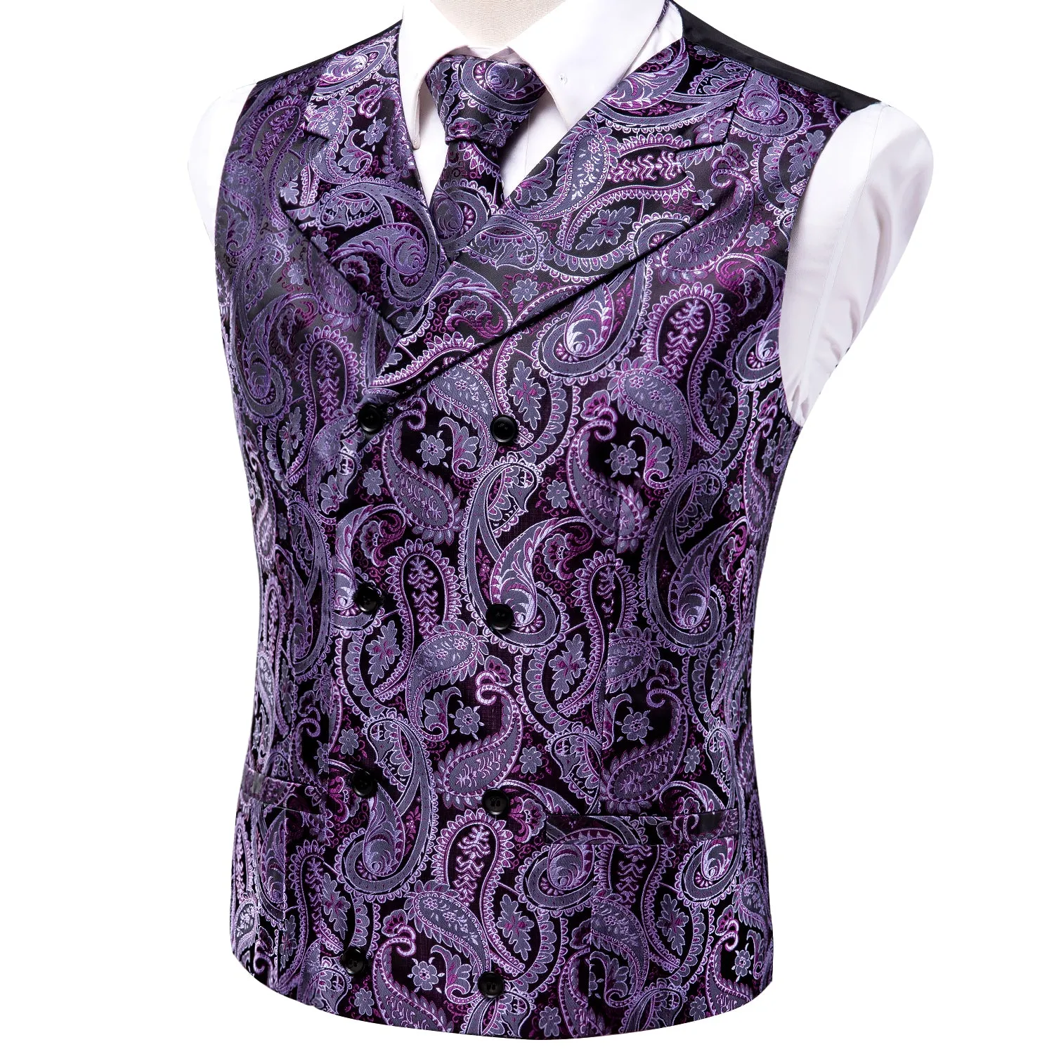 Ties2you Men's Vest Purple Paisley Jacquard Silk Vest Hanky Cufflinks Tie Set