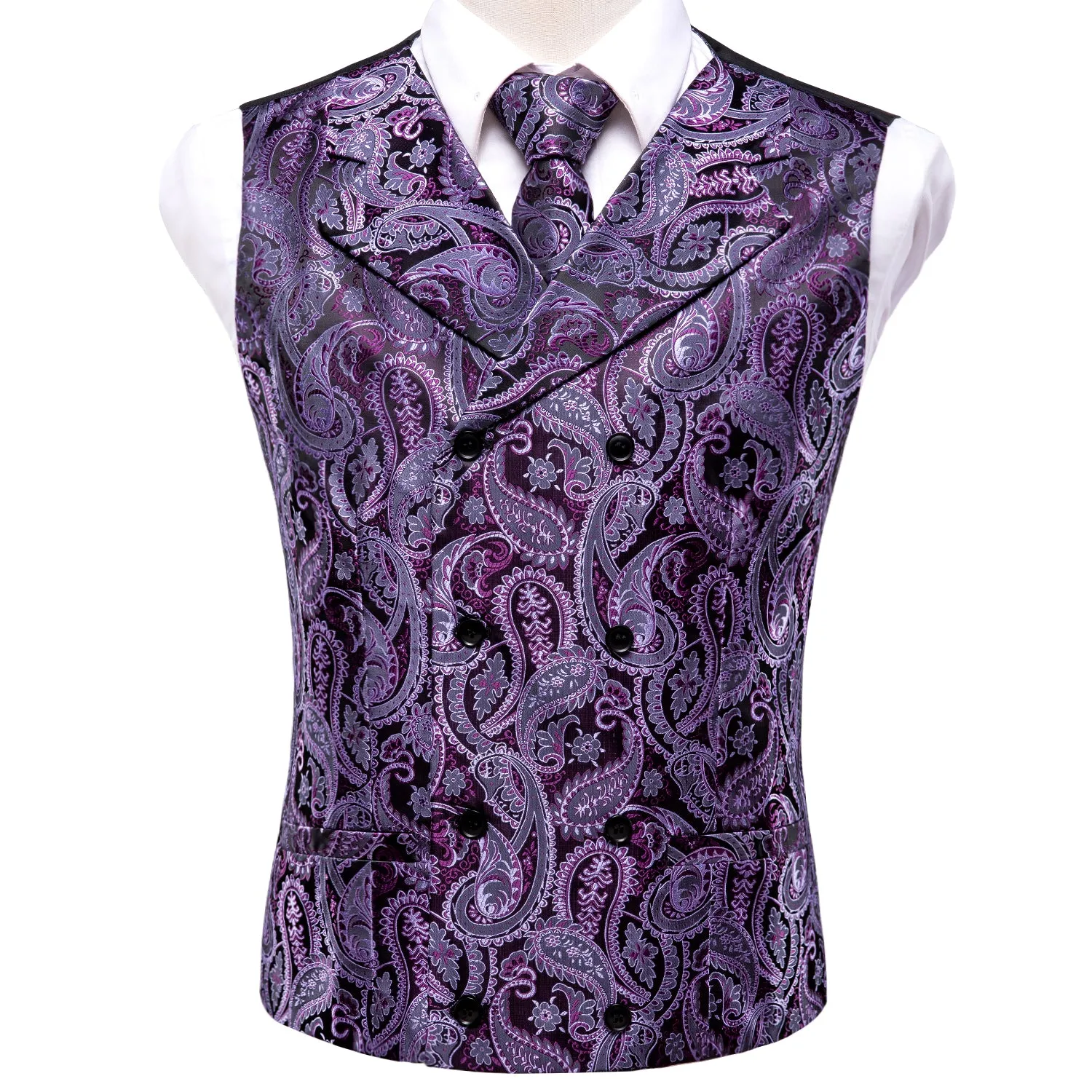 Ties2you Men's Vest Purple Paisley Jacquard Silk Vest Hanky Cufflinks Tie Set